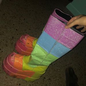 Demonia knee high glitter platforms